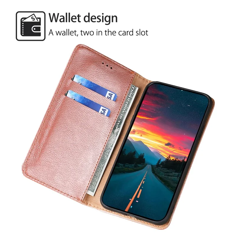 For Nokia C32 Solid Color Scratch Resistant Leather Wallet Phone Case Magnetic Closing Stand Cover - Rose Gold