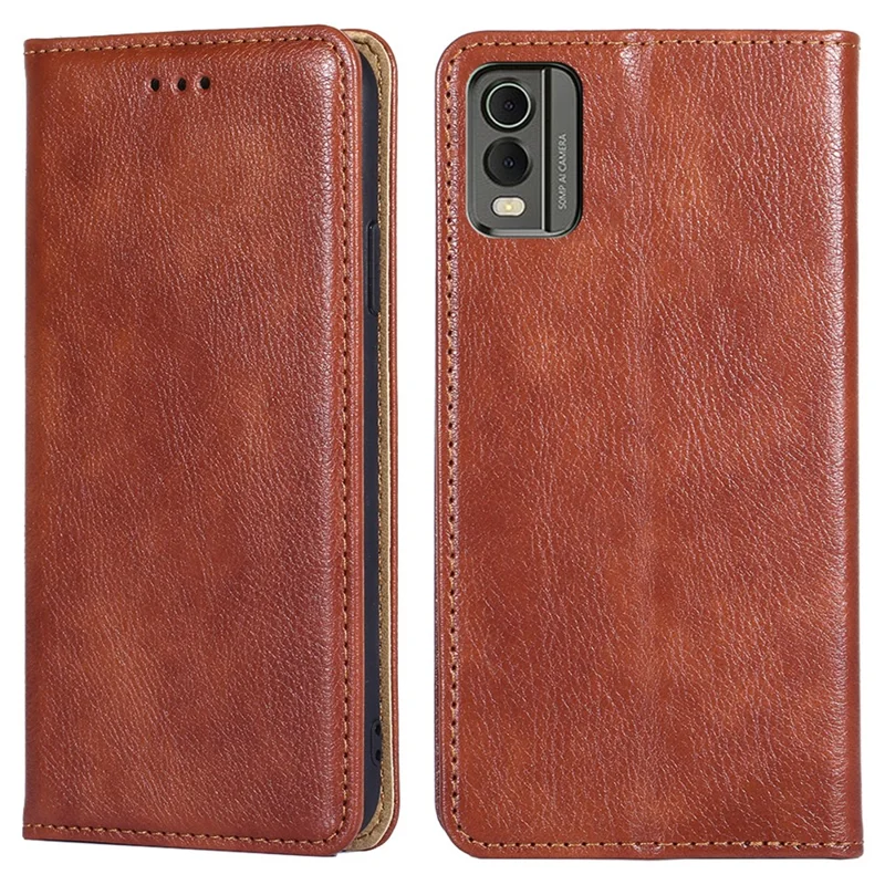 For Nokia C32 Solid Color Scratch Resistant Leather Wallet Phone Case Magnetic Closing Stand Cover - Brown