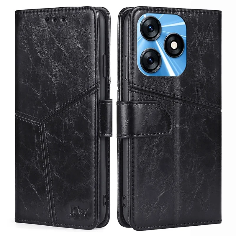 For TECNO Spark 10 4G PU Leather Geometric Splicing Phone Case Stand Wallet Folio Flip Cover - Black