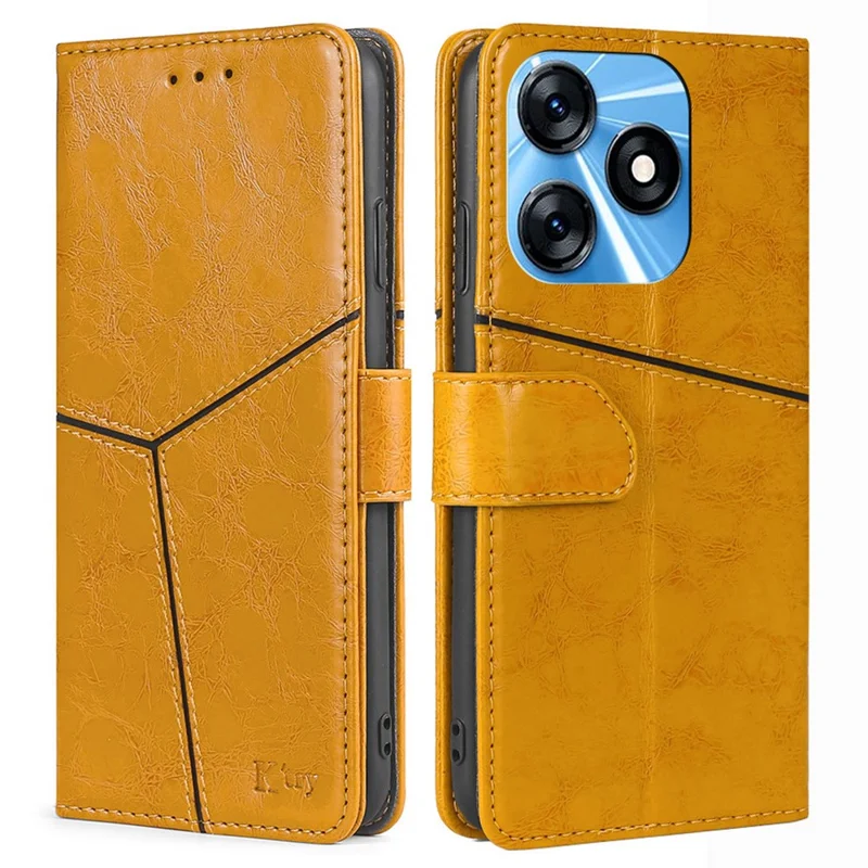 For TECNO Spark 10 4G PU Leather Geometric Splicing Phone Case Stand Wallet Folio Flip Cover - Yellow