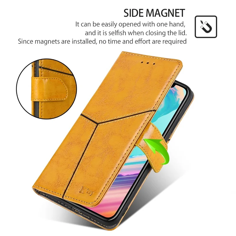 For TECNO Spark 10 4G PU Leather Geometric Splicing Phone Case Stand Wallet Folio Flip Cover - Yellow