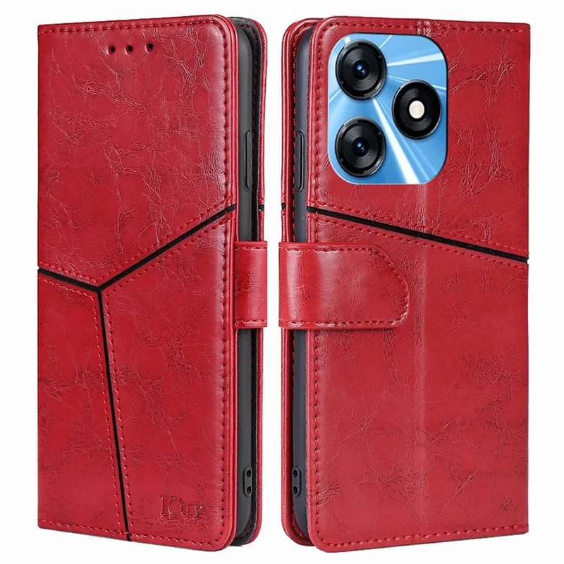 For TECNO Spark 10 4G PU Leather Geometric Splicing Phone Case Stand Wallet Folio Flip Cover - Red