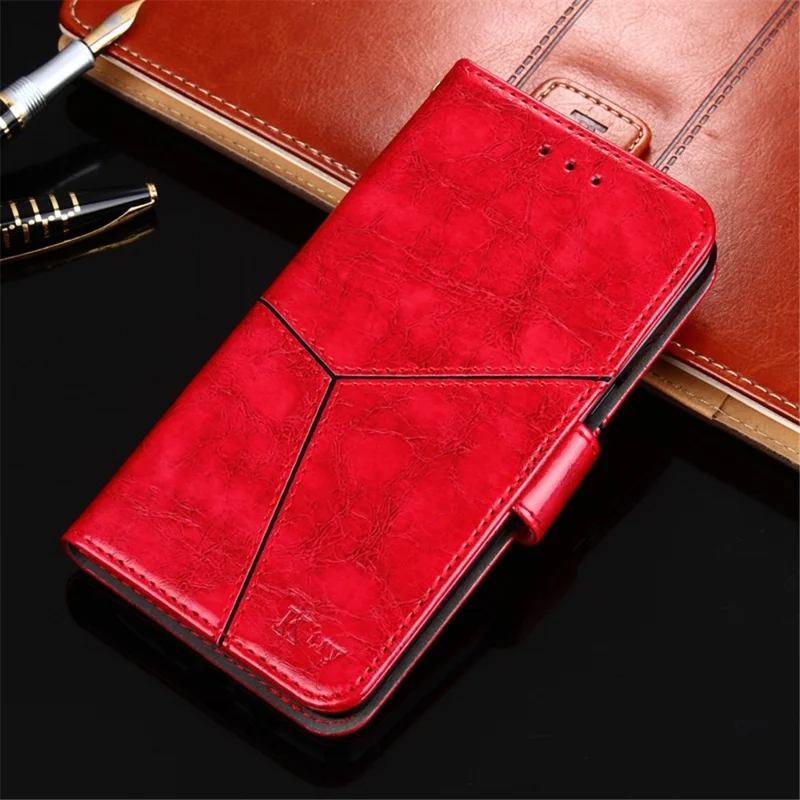 For TECNO Spark 10 4G PU Leather Geometric Splicing Phone Case Stand Wallet Folio Flip Cover - Red