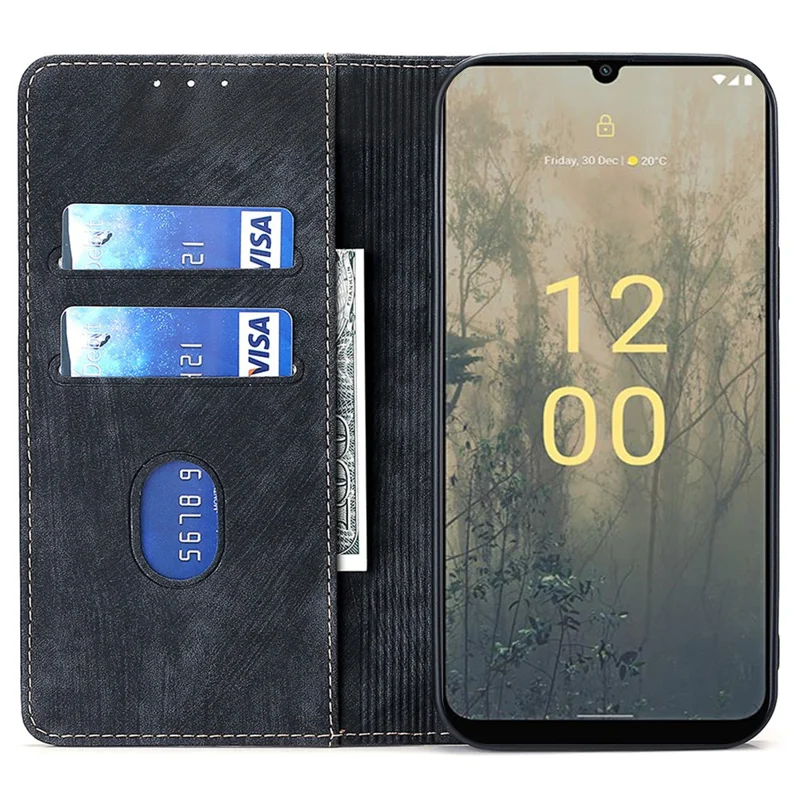 For Nokia C12 4G / C12 Plus / C12 Pro PU Leather Mobile Phone Case Textured Anti-Drop Stand Wallet RFID Blocking Phone Cover - Black