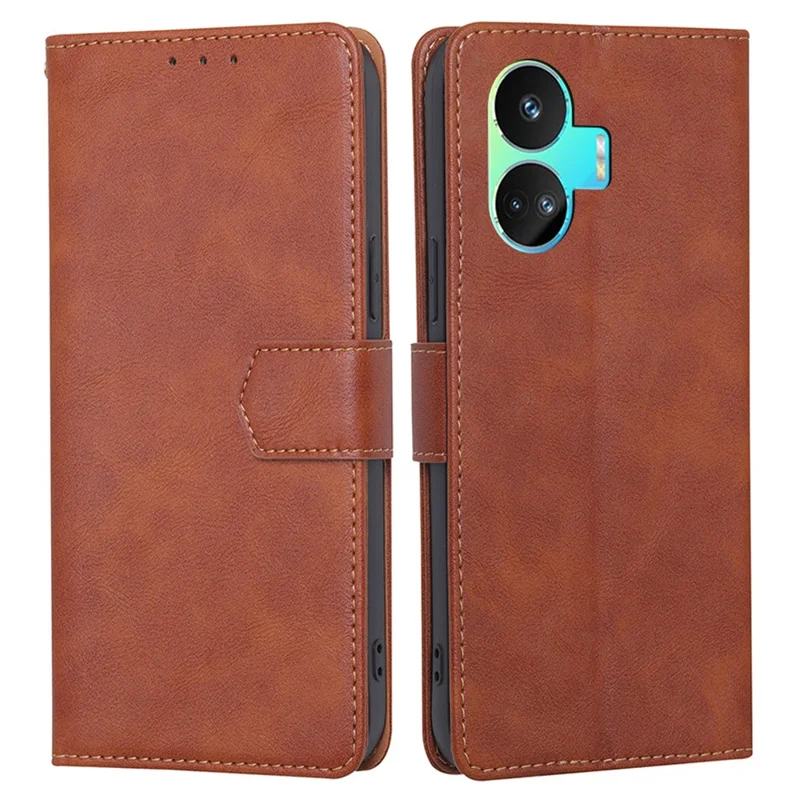 For Realme GT Neo5 SE 5G Stand Cowhide Texture Phone Wallet Case PU Leather RFID Blocking Phone Cover - Brown