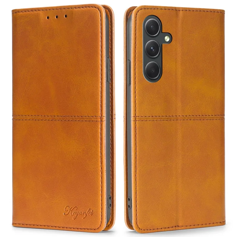 For Samsung Galaxy A54 5G Card Holder PU Leather Phone Cover Cowhide Texture Stand Phone Case - Light Brown