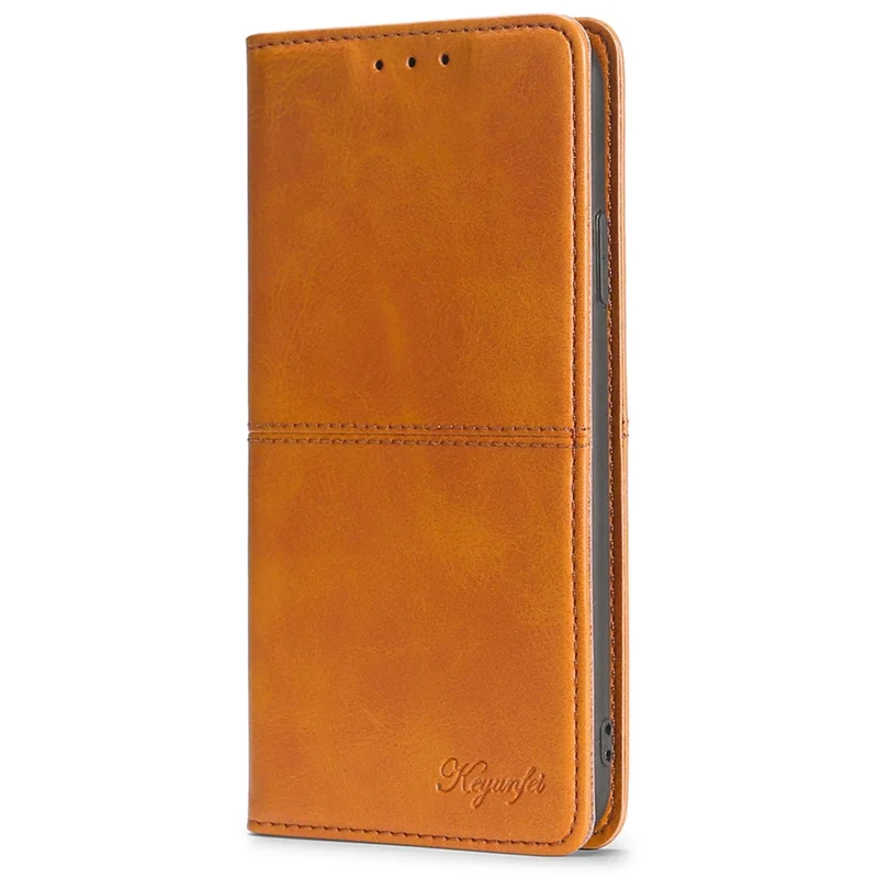 For Samsung Galaxy A54 5G Card Holder PU Leather Phone Cover Cowhide Texture Stand Phone Case - Light Brown