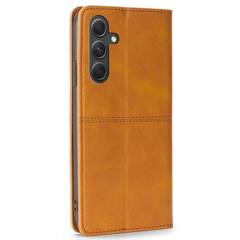 For Samsung Galaxy A54 5G Card Holder PU Leather Phone Cover Cowhide Texture Stand Phone Case - Light Brown