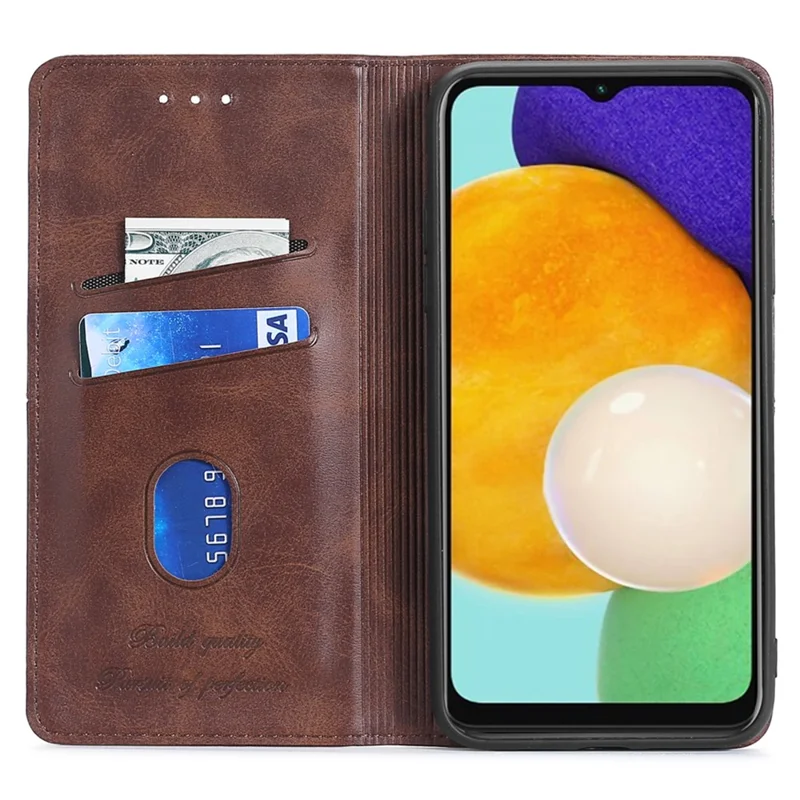 For Samsung Galaxy A54 5G Card Holder PU Leather Phone Cover Cowhide Texture Stand Phone Case - Light Brown