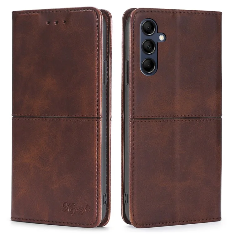 For Samsung Galaxy M14 5G Phone Cover Cowhide Texture PU Leather Stand Phone Case with Card Slots - Dark Brown