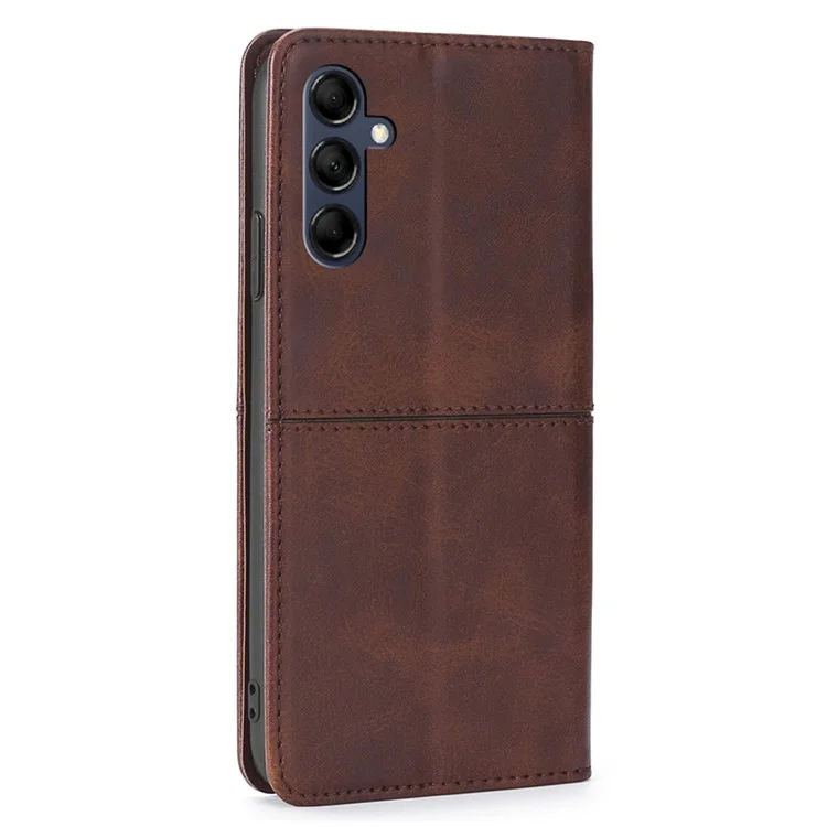 For Samsung Galaxy M14 5G Phone Cover Cowhide Texture PU Leather Stand Phone Case with Card Slots - Dark Brown