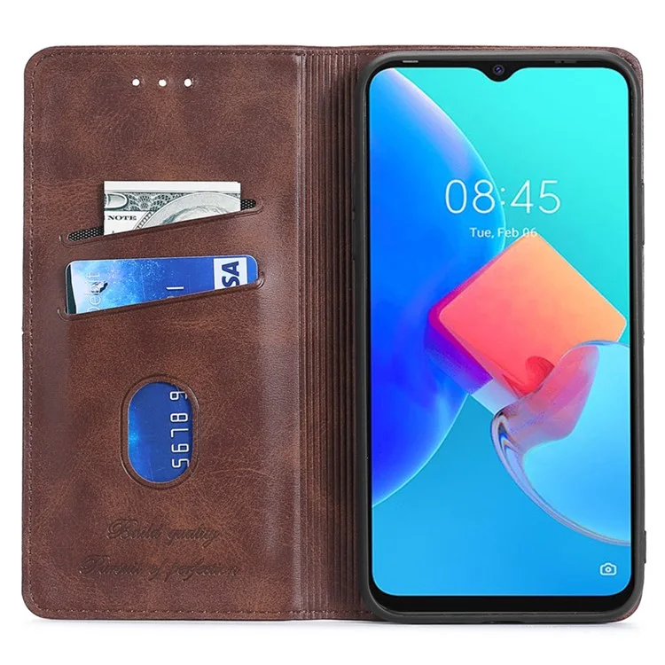 Pour TECNO Spark 10 4G Coque de téléphone avec fentes pour cartes Texture en cuir de vache PU Étui de téléphone de support - Marron foncé