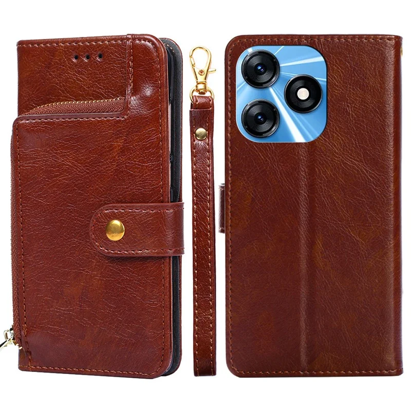 Wallet Case for TECNO Spark 10 4G Stand Shell Zipper Pocket PU Leather Phone Cover with Strap - Brown