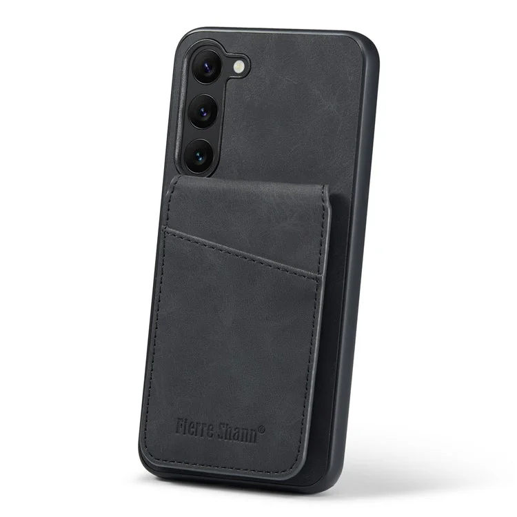 FIERRE SHANN Para Samsung Galaxy S22+ 5G Kickstand Phone Case Suporte para Cartão RFID Blocking Capa de Couro PU+TPU - Preto