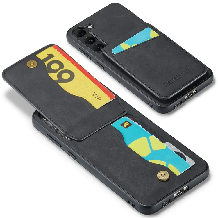 FIERRE SHANN Para Samsung Galaxy S22+ 5G Kickstand Phone Case Suporte para Cartão RFID Blocking Capa de Couro PU+TPU - Preto
