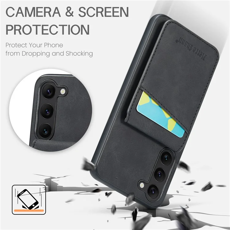 FIERRE SHANN Para Samsung Galaxy S22+ 5G Kickstand Phone Case Suporte para Cartão RFID Blocking Capa de Couro PU+TPU - Preto