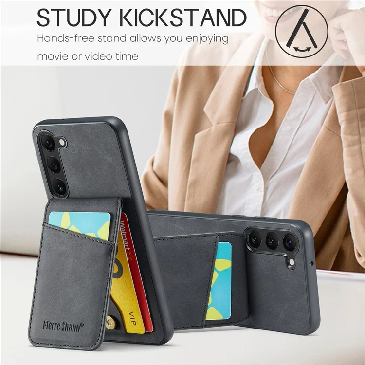 FIERRE SHANN Para Samsung Galaxy S22+ 5G Kickstand Phone Case Suporte para Cartão RFID Blocking Capa de Couro PU+TPU - Preto