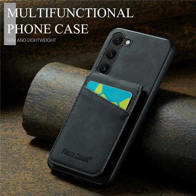 FIERRE SHANN Para Samsung Galaxy S22+ 5G Kickstand Phone Case Suporte para Cartão RFID Blocking Capa de Couro PU+TPU - Preto