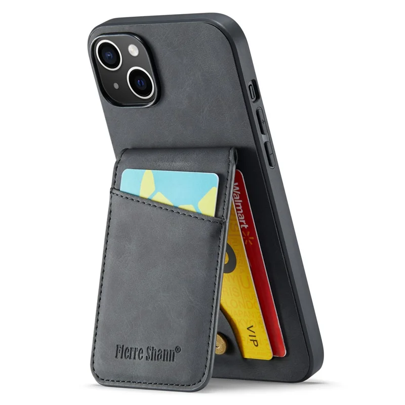 FIERRE SHANN Card Slots Phone Cover for iPhone 14 Kickstand RFID Blocking PU Leather+TPU Phone Case - Black