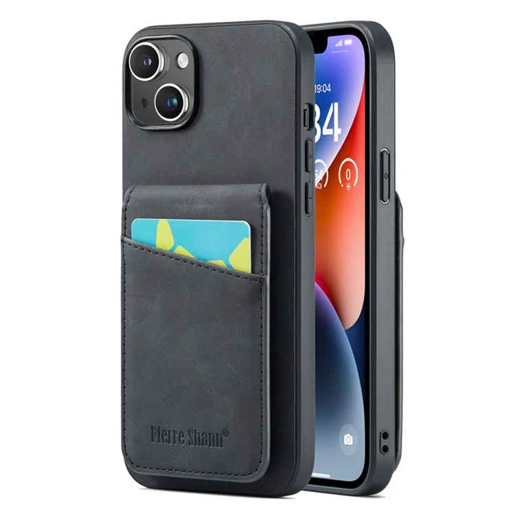 FIERRE SHANN Для iPhone 14 Plus Слоты для карт Подставка Чехол для телефона RFID Блокировка PU Кожа+TPU Задняя Крышка - Черный
