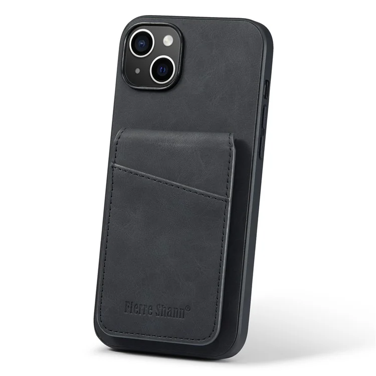 FIERRE SHANN Для iPhone 14 Plus Слоты для карт Подставка Чехол для телефона RFID Блокировка PU Кожа+TPU Задняя Крышка - Черный
