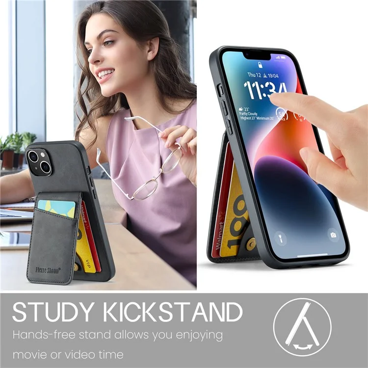 FIERRE SHANN Для iPhone 14 Plus Слоты для карт Подставка Чехол для телефона RFID Блокировка PU Кожа+TPU Задняя Крышка - Черный