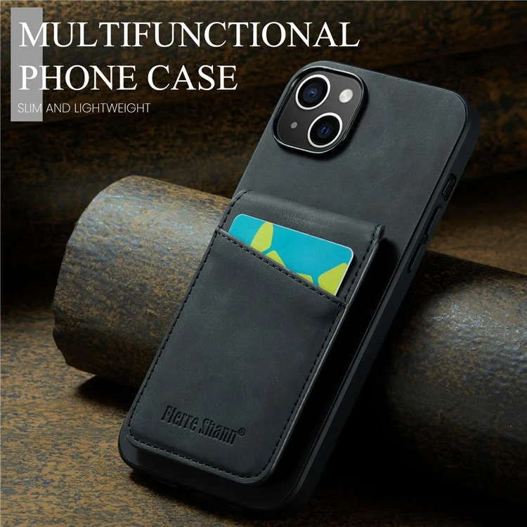FIERRE SHANN Для iPhone 14 Plus Слоты для карт Подставка Чехол для телефона RFID Блокировка PU Кожа+TPU Задняя Крышка - Черный