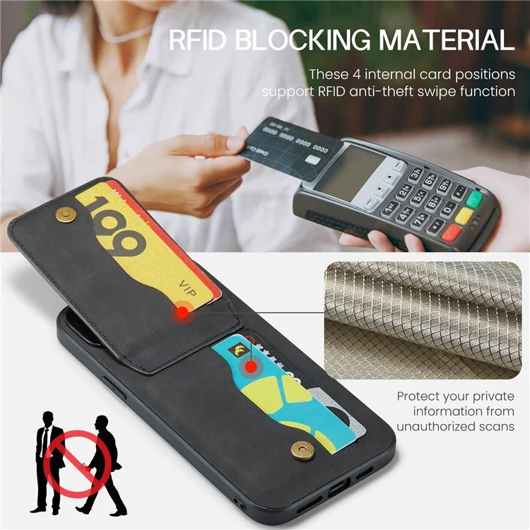 FIERRE SHANN Для iPhone 14 Plus Слоты для карт Подставка Чехол для телефона RFID Блокировка PU Кожа+TPU Задняя Крышка - Черный