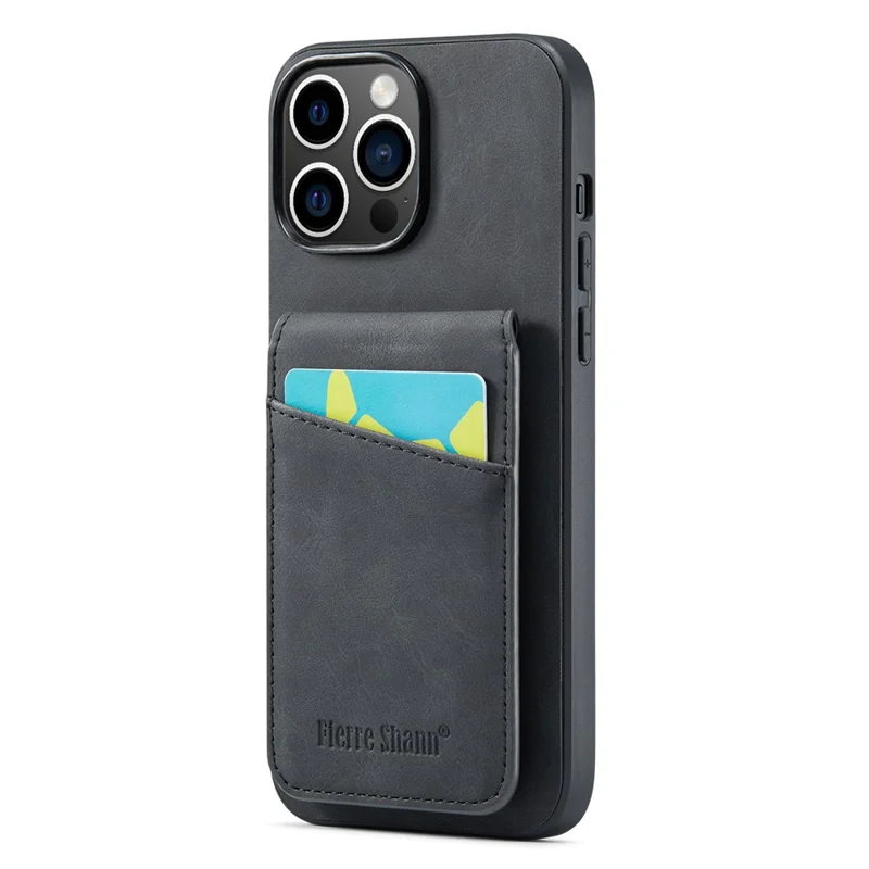 FIERRE SHANN For iPhone 13 Pro Max Card Holder Phone Kickstand Case RFID Blocking PU Leather+TPU Cover - Black