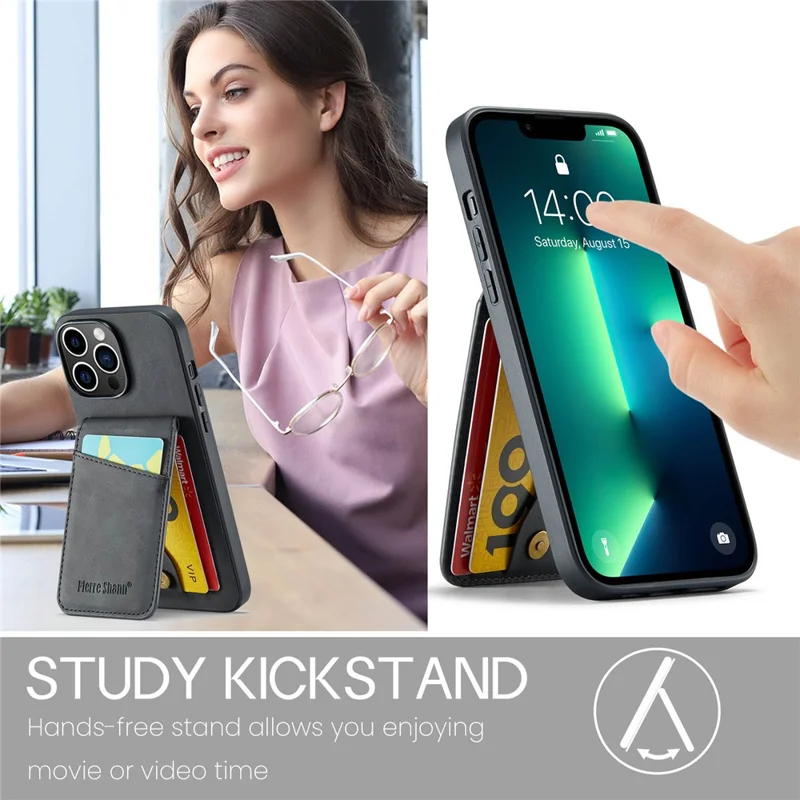 FIERRE SHANN For iPhone 13 Pro Max Card Holder Phone Kickstand Case RFID Blocking PU Leather+TPU Cover - Black