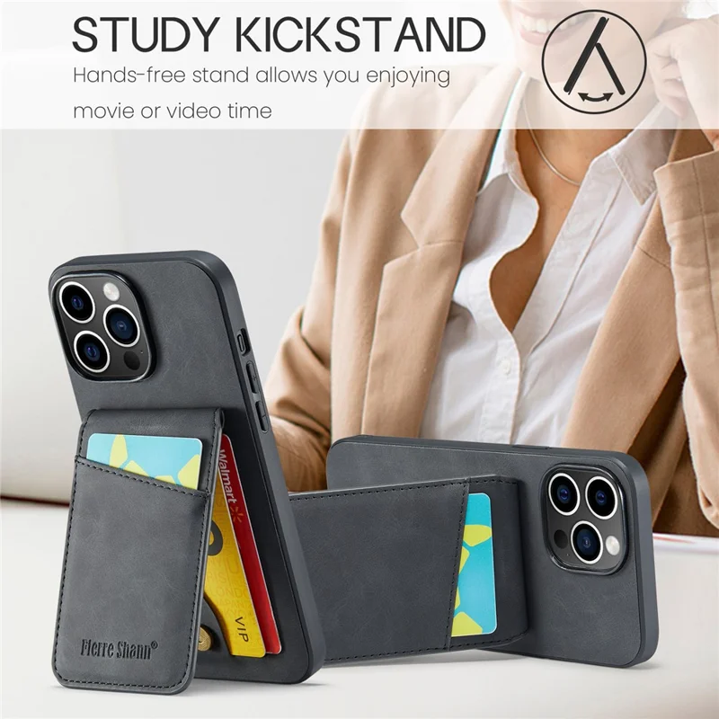 FIERRE SHANN For iPhone 13 Pro Max Card Holder Phone Kickstand Case RFID Blocking PU Leather+TPU Cover - Black