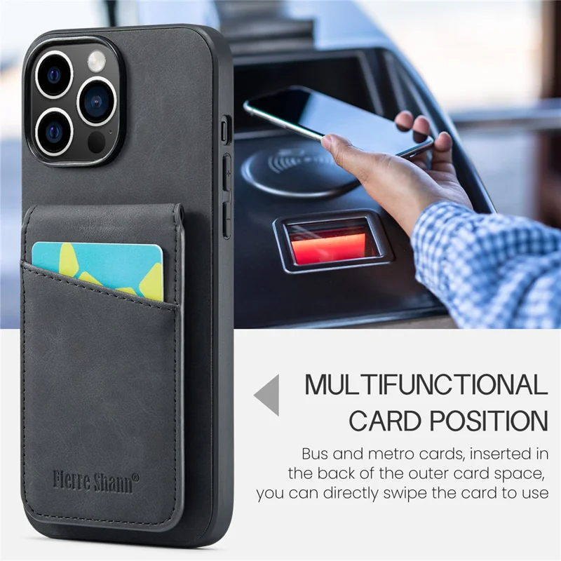 FIERRE SHANN For iPhone 13 Pro Max Card Holder Phone Kickstand Case RFID Blocking PU Leather+TPU Cover - Black