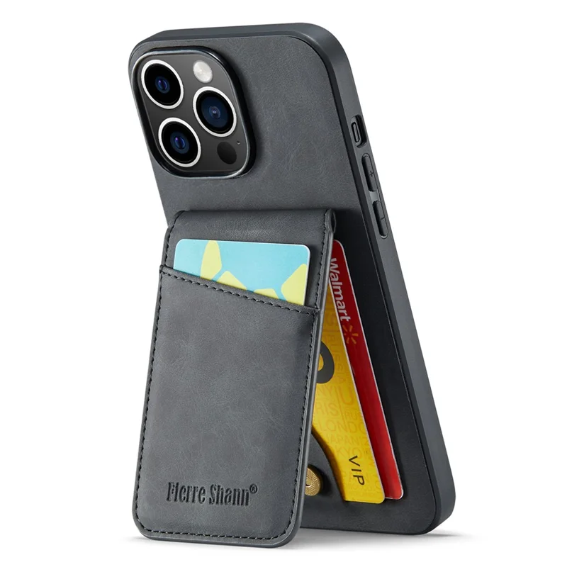FIERRE SHANN For iPhone 14 Pro Max Kickstand Phone Case Card Holder PU Leather + TPU Cover - Black