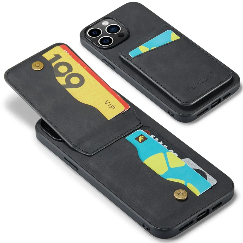 FIERRE SHANN For iPhone 14 Pro Max Kickstand Phone Case Card Holder PU Leather + TPU Cover - Black