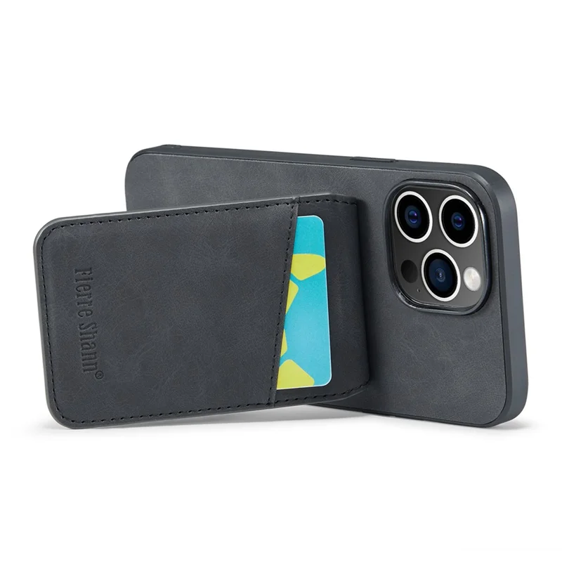 FIERRE SHANN For iPhone 14 Pro Max Kickstand Phone Case Card Holder PU Leather + TPU Cover - Black