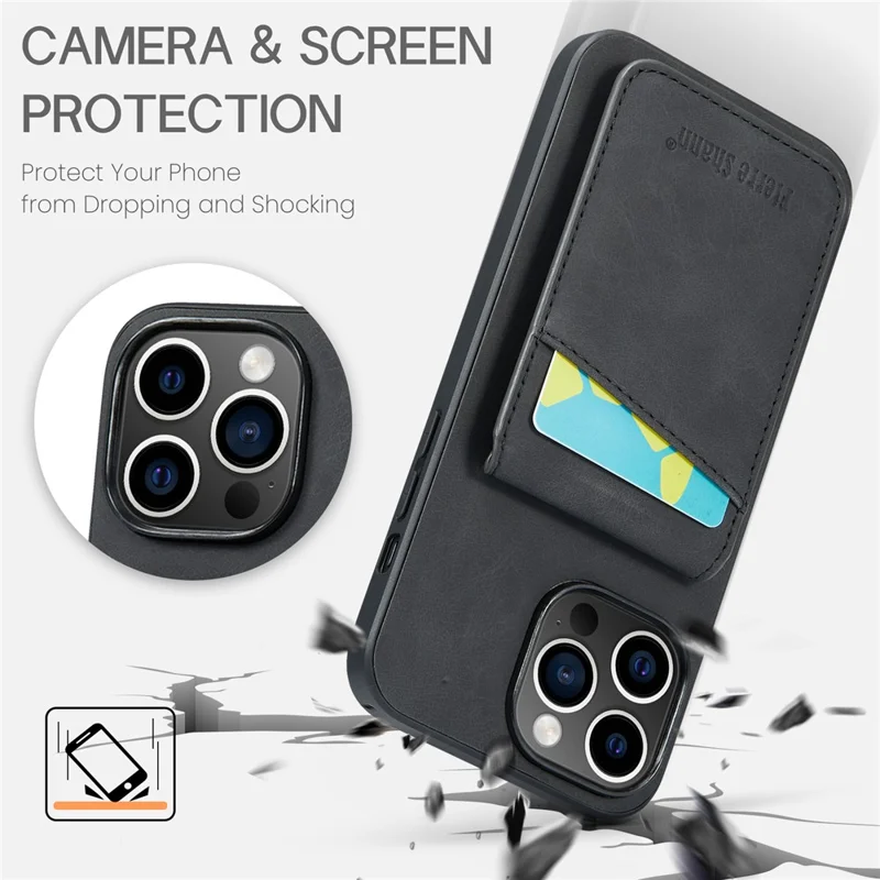 FIERRE SHANN For iPhone 14 Pro Max Kickstand Phone Case Card Holder PU Leather + TPU Cover - Black