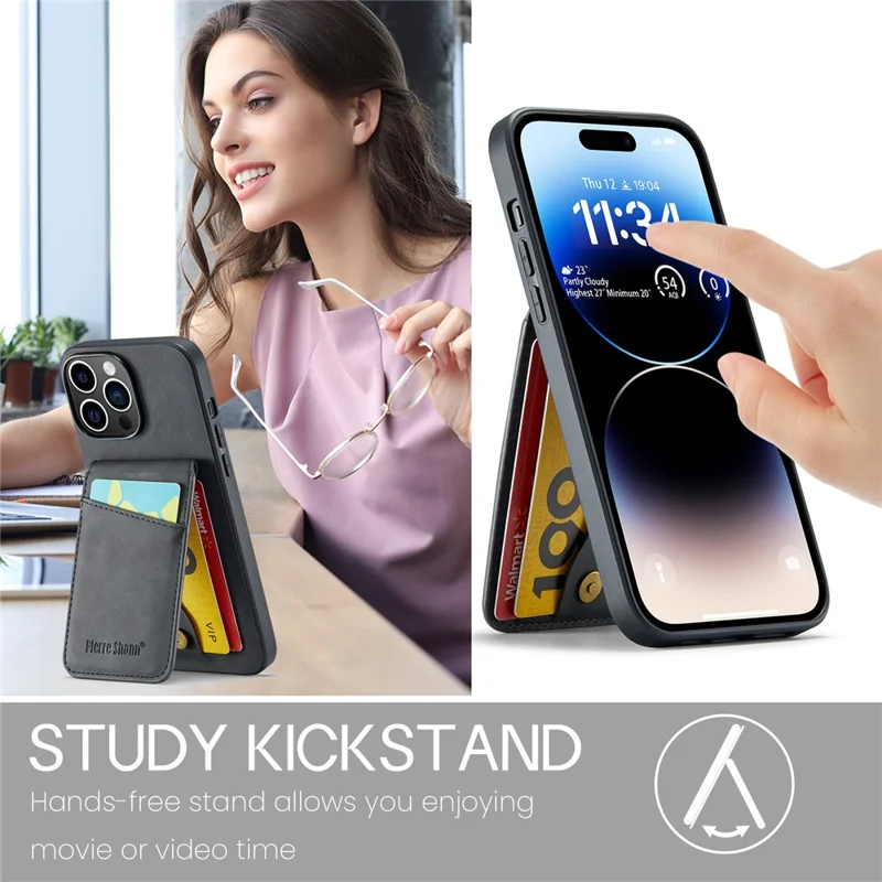 FIERRE SHANN For iPhone 14 Pro Max Kickstand Phone Case Card Holder PU Leather + TPU Cover - Black