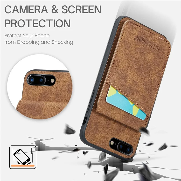 FIERRE SHANN For iPhone 7 Plus 5.5 inch / 8 Plus 5.5 inch Phone Case Kickstand PU Leather TPU Cover with Card Holder - Brown