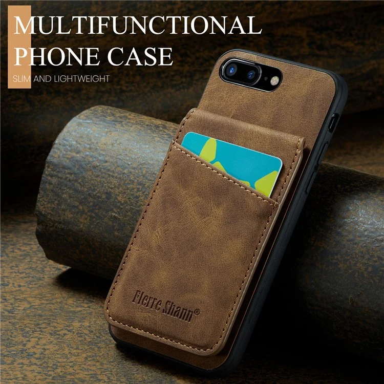 FIERRE SHANN For iPhone 7 Plus 5.5 inch / 8 Plus 5.5 inch Phone Case Kickstand PU Leather TPU Cover with Card Holder - Brown