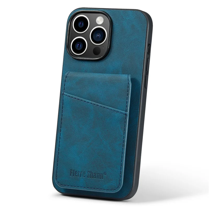 FIERRE SHANN For iPhone 13 Pro 6.1 inch Card Slots Phone Cover Kickstand PU Leather + TPU Case - Blue