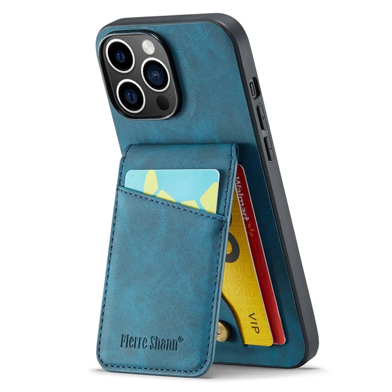 FIERRE SHANN For iPhone 13 Pro 6.1 inch Card Slots Phone Cover Kickstand PU Leather + TPU Case - Blue
