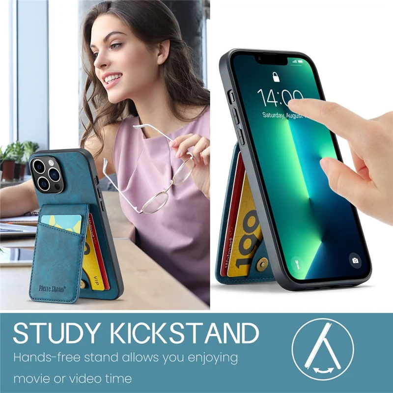 FIERRE SHANN For iPhone 13 Pro 6.1 inch Card Slots Phone Cover Kickstand PU Leather + TPU Case - Blue
