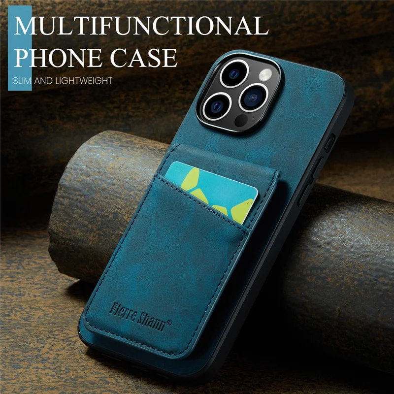 FIERRE SHANN For iPhone 13 Pro 6.1 inch Card Slots Phone Cover Kickstand PU Leather + TPU Case - Blue