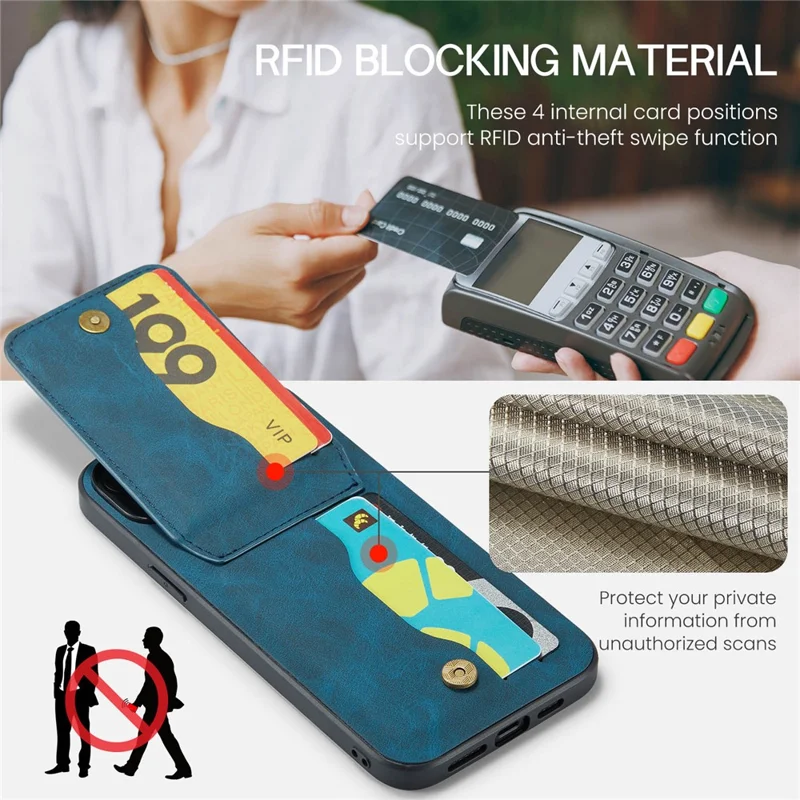 FIERRE SHANN For iPhone 13 Pro 6.1 inch Card Slots Phone Cover Kickstand PU Leather + TPU Case - Blue
