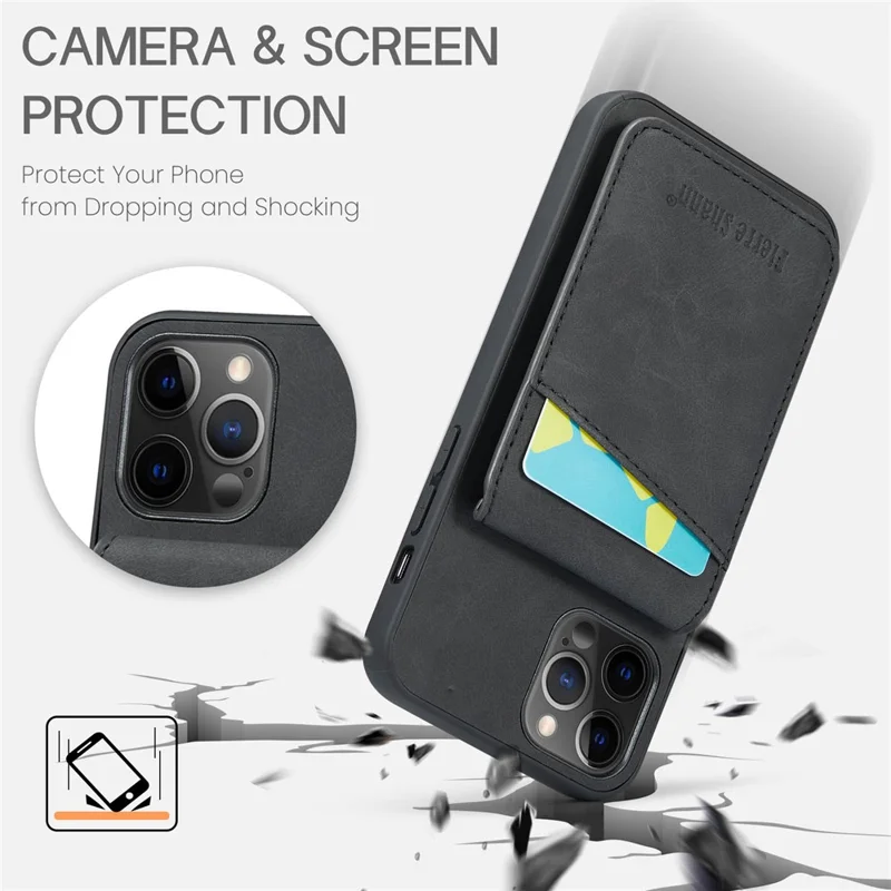 FIERRE SHANN для iPhone 12 Pro Max 6,7 дюйма Kickstand Phone Cover Crazy Horse Texture PU Кожа + TPU Card Slot Case - Черный