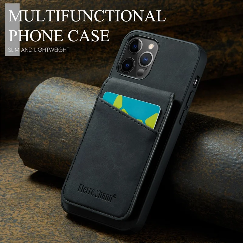 FIERRE SHANN для iPhone 12 Pro Max 6,7 дюйма Kickstand Phone Cover Crazy Horse Texture PU Кожа + TPU Card Slot Case - Черный