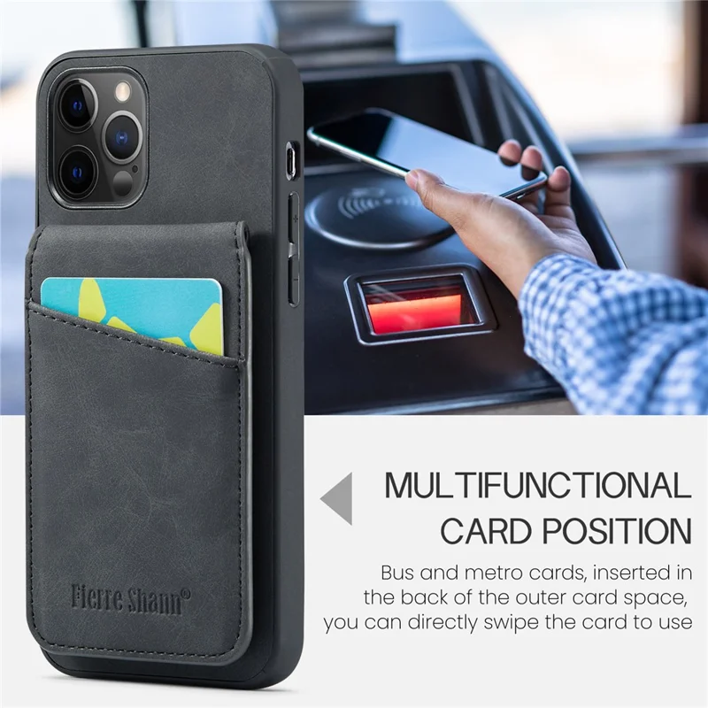 FIERRE SHANN для iPhone 12 Pro Max 6,7 дюйма Kickstand Phone Cover Crazy Horse Texture PU Кожа + TPU Card Slot Case - Черный