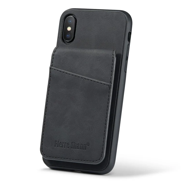 FIERRE SHANN For iPhone X / XS 5.8 inch Crazy Horse Texture Phone Cover with Kickstand PU Leather+TPU Card Slot Case - Black