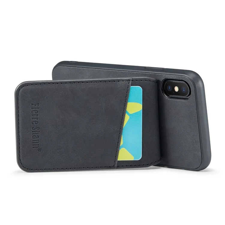 FIERRE SHANN pour iPhone X / XS 5,8 pouces Crazy Horse Texture Phone Cover avec support PU Cuir + TPU Card Slot Case - Noir