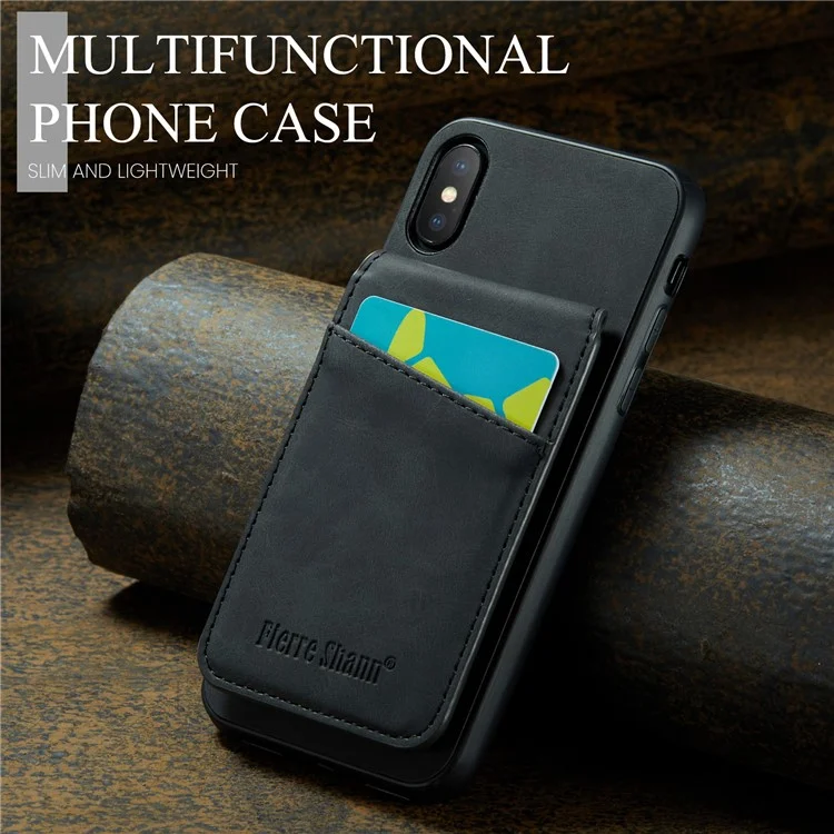 FIERRE SHANN pour iPhone X / XS 5,8 pouces Crazy Horse Texture Phone Cover avec support PU Cuir + TPU Card Slot Case - Noir
